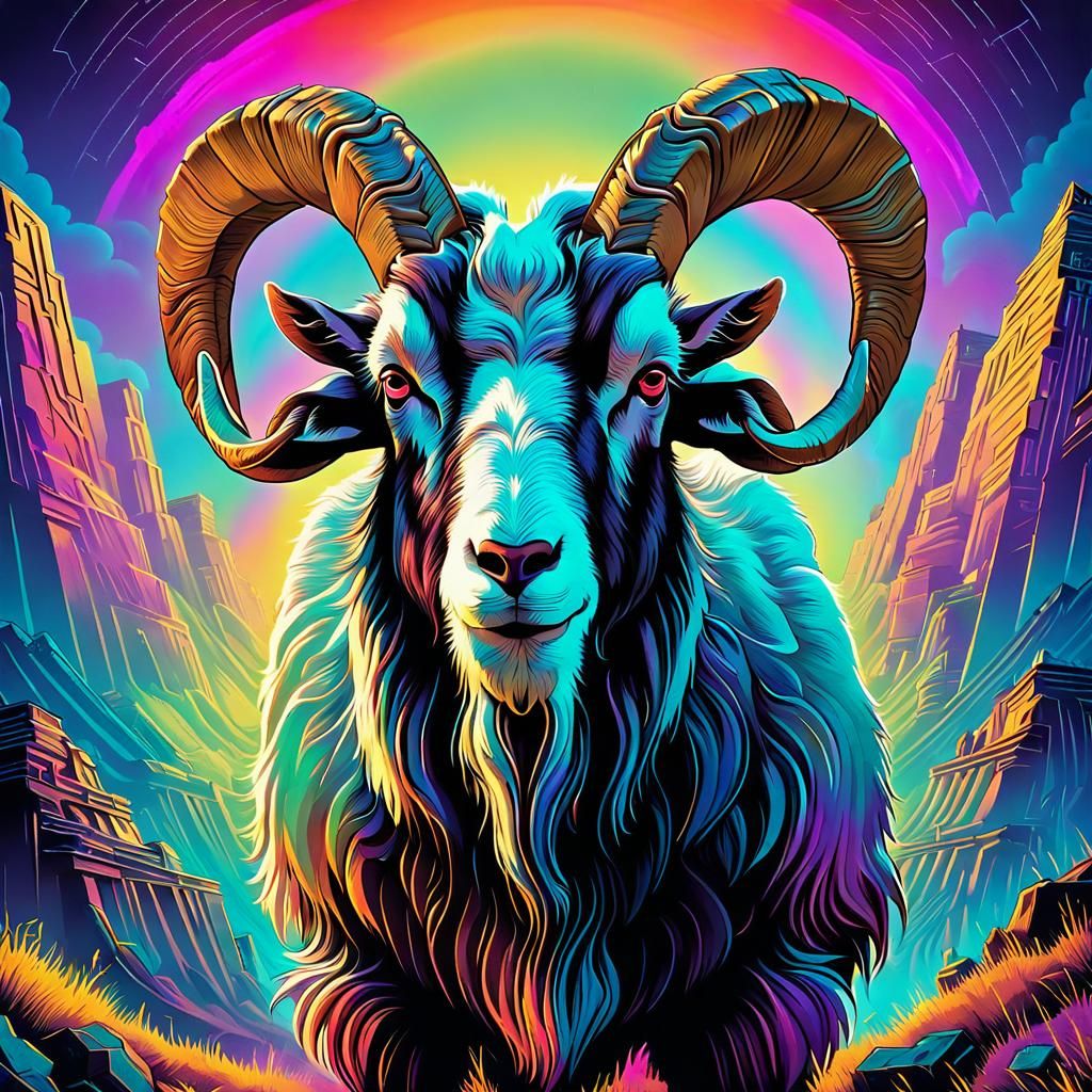 A huge billy goat with big horns and muscles lowers its head and raises it's horns as it is going to ram something.