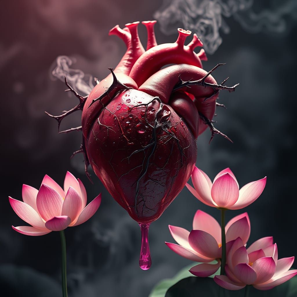 Heart with Thorns and Lotus Flowers in Dramatic Light