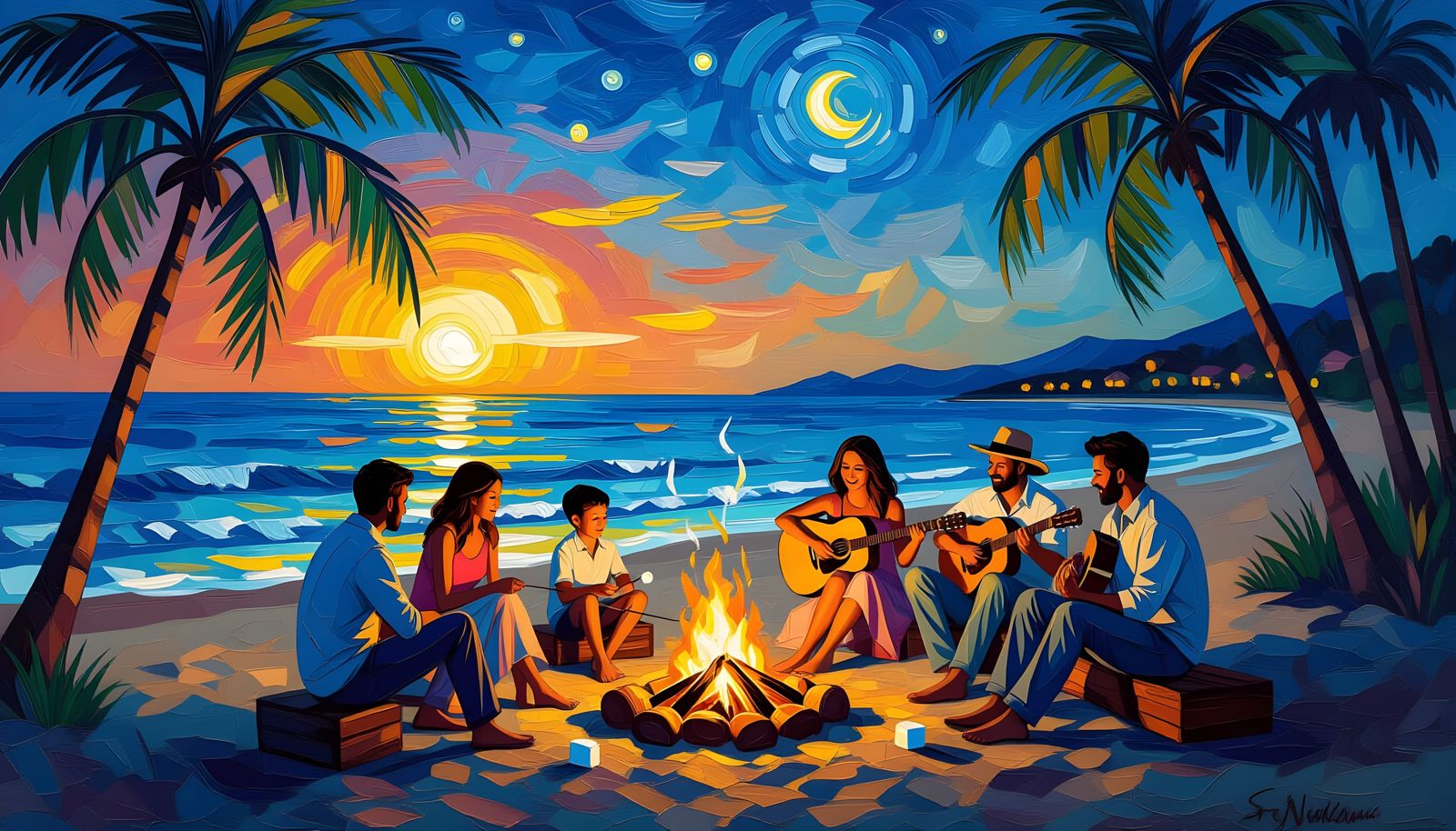 Family Bonfire at Sunset: Expressionist Beach Painting