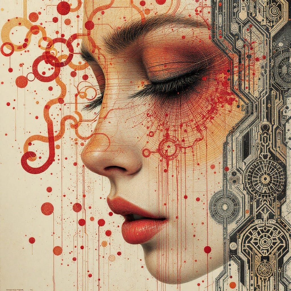 Surrealistic Lithograph Masterpiece in Cyberpunk Aesthetic w...