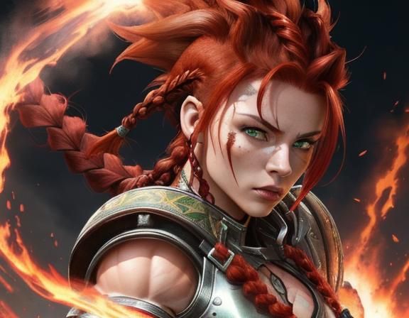 Muscular Red-Haired Warrior in Fiery Aura