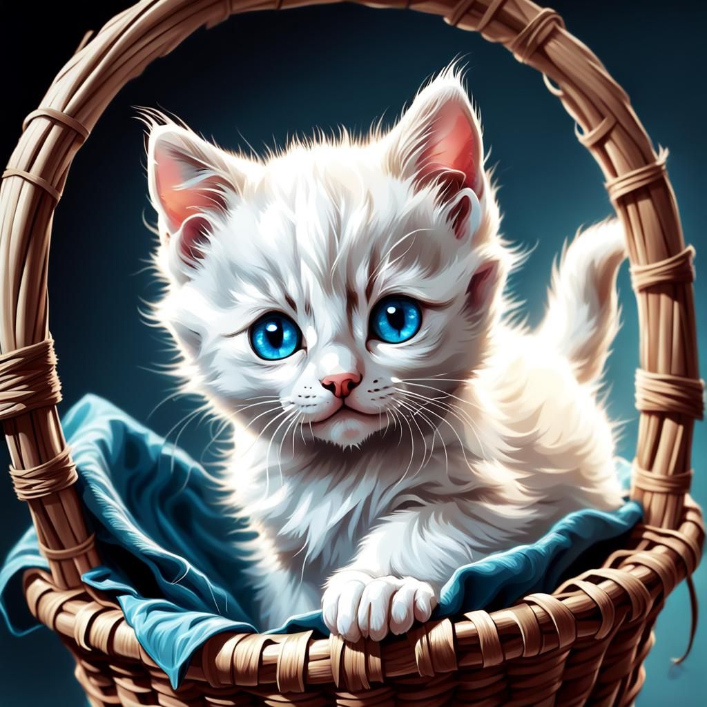 Cute White Kitten with Blue Eyes: Hyperrealistic 3D Art