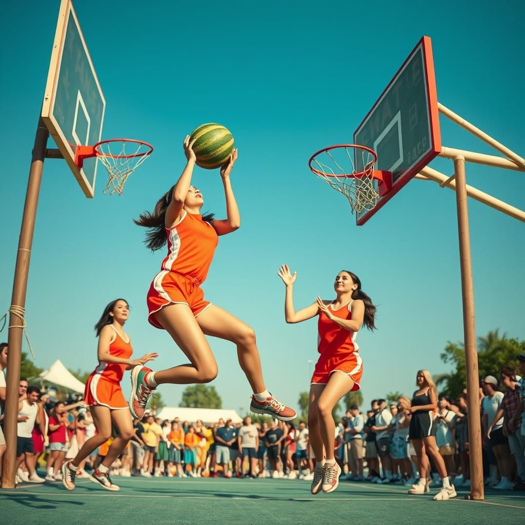 Surreal Watermelon Basketball Match in Hyper-Realistic Style