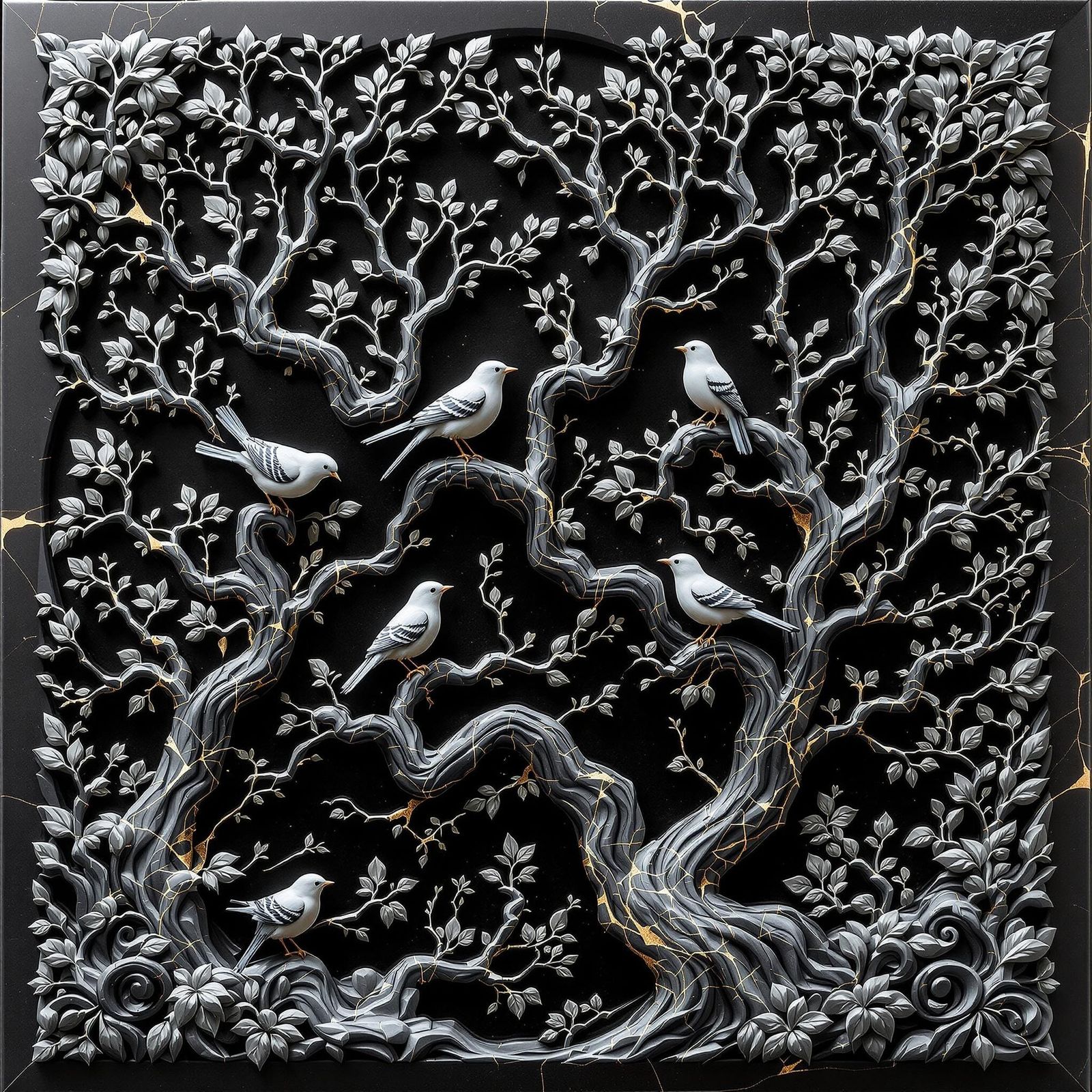 Serene Bas-Relief Sculpture of Birds in Marble