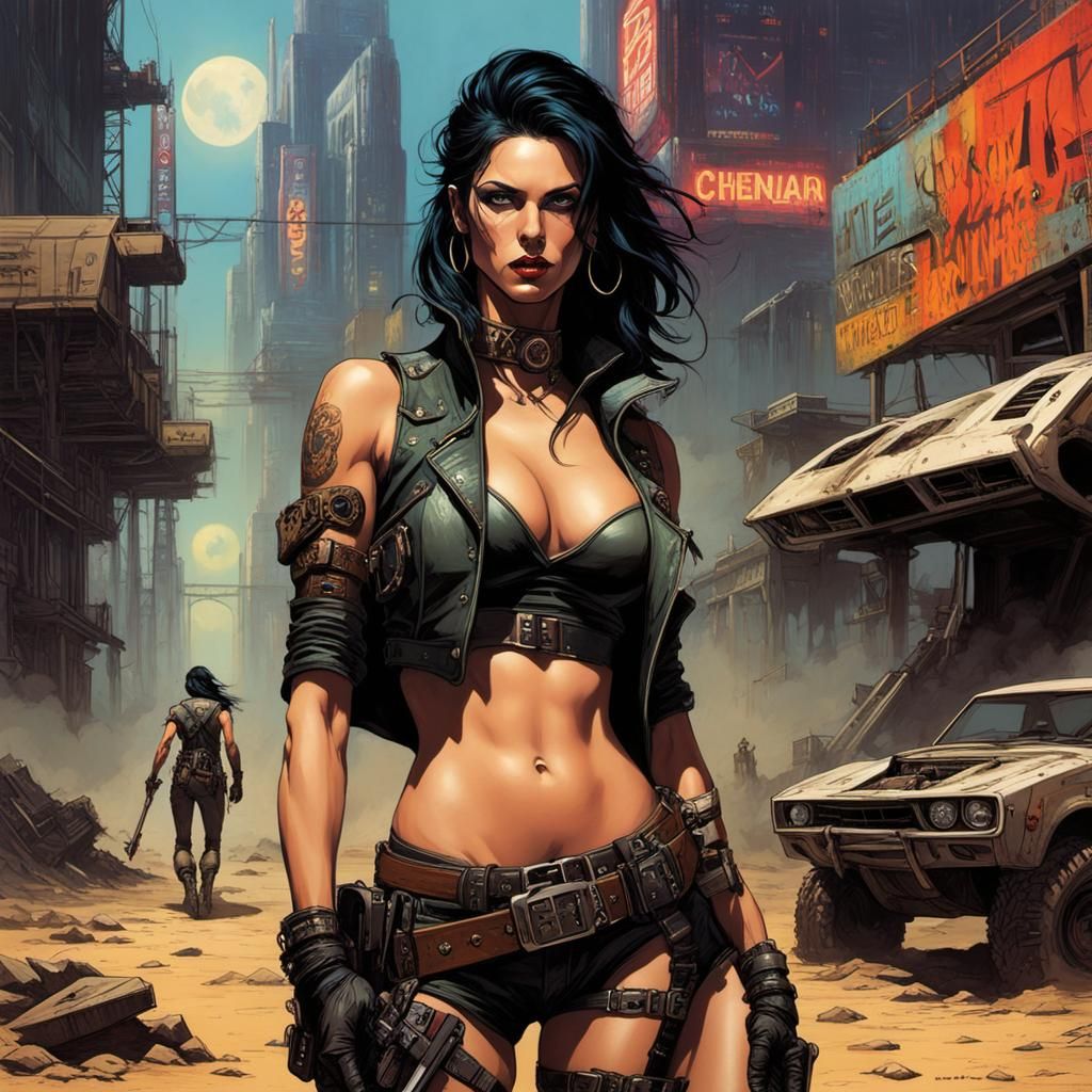 Post-Apocalyptic Cyberpunk Woman in Wasteland