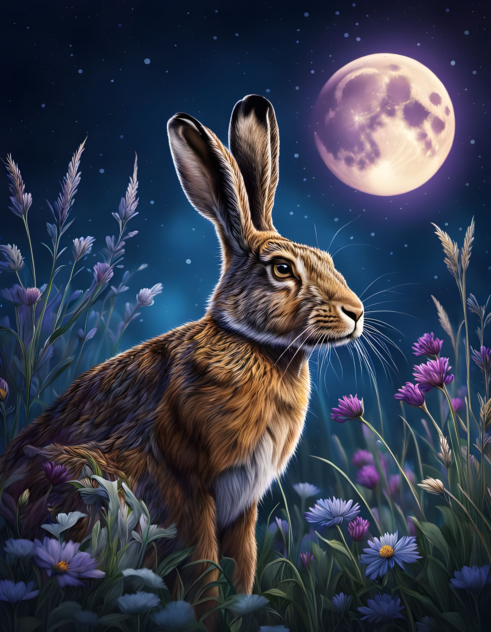 Brown Hare Under Moonlight in Hyperrealistic Style