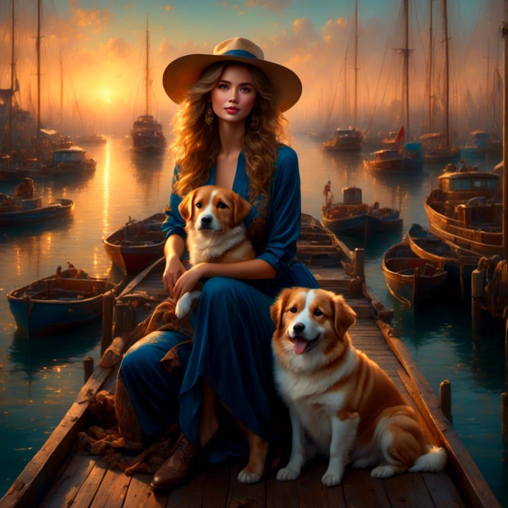Dockside Sunset with Woman and Dog in Hyperrealism