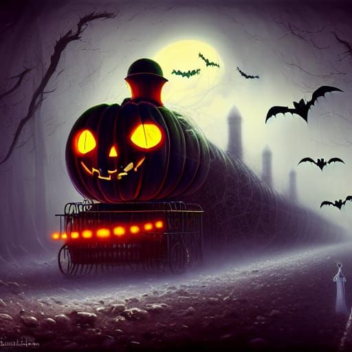 Haunted Halloween Train with Ghosts: Digital Illustration