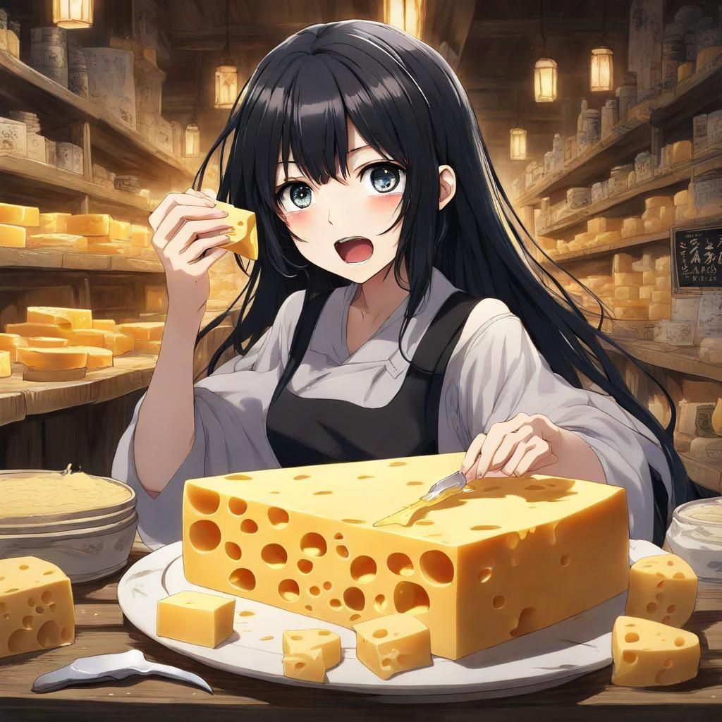 Anime Girl Eating Cheese in Key Visual Style