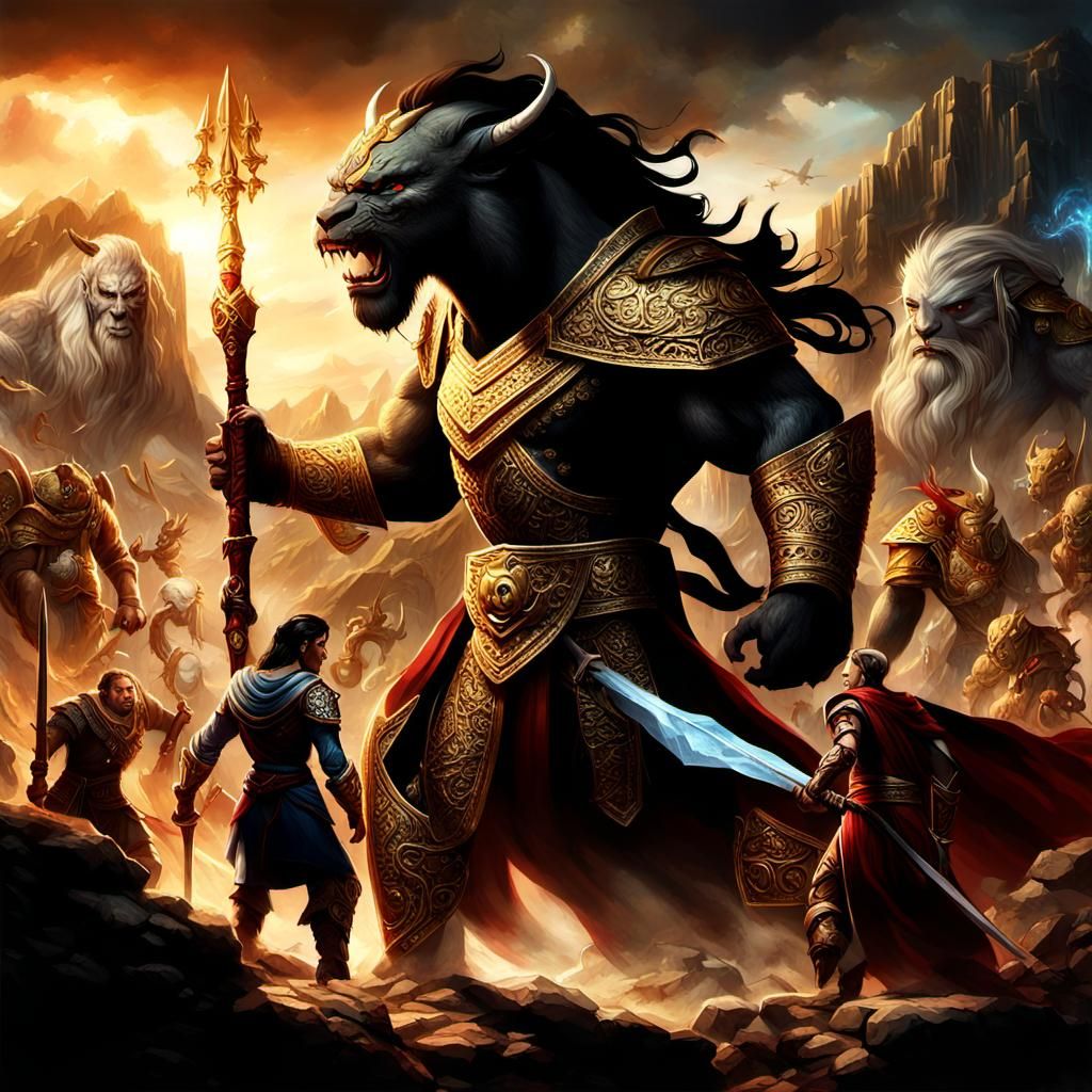 A majestic 16K digital landscape depicting an epic clash between legendary heroes and mythical beings from diverse cultu...