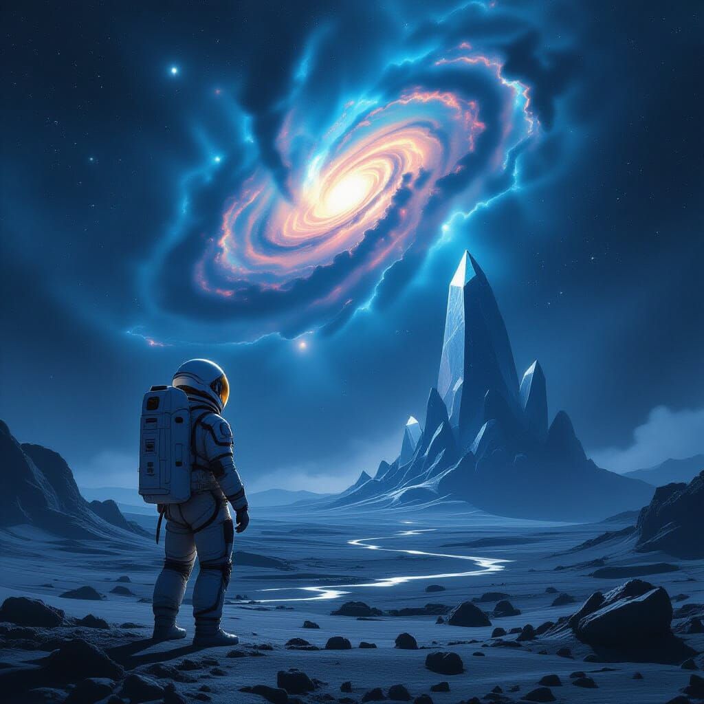 Astronaut Gazes at Bioluminescent Nebula on Alien Planet