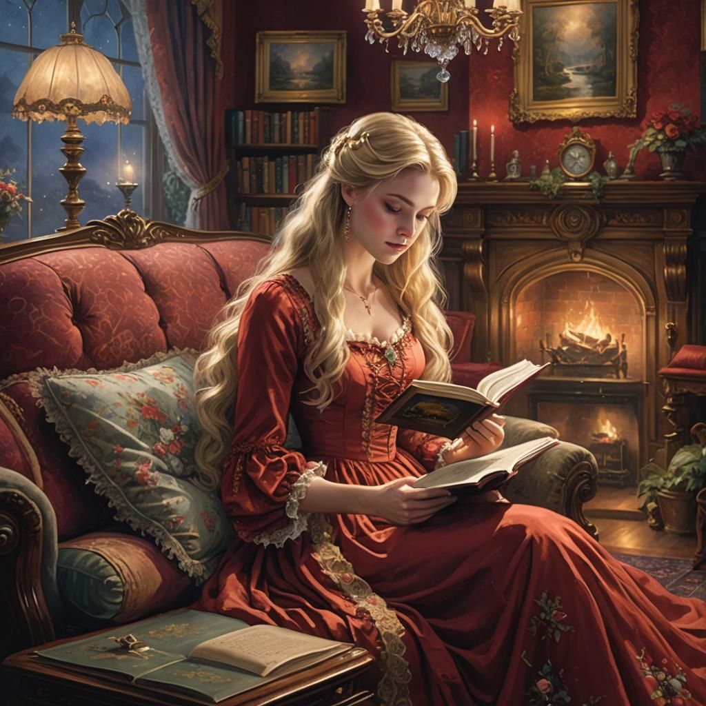 Victorian Woman Reading Book in Ethereal Night