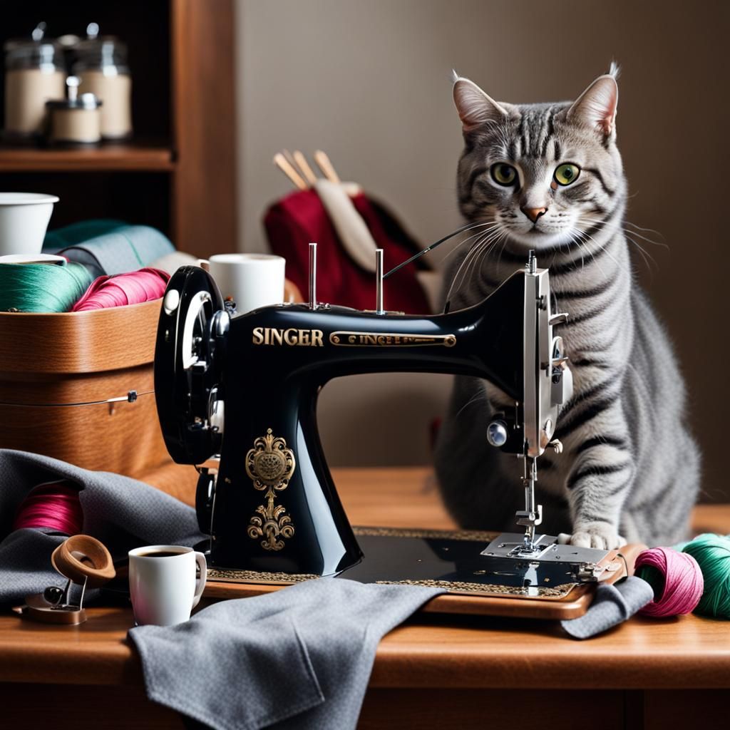 Grey Tabby Cat Tailoring Clothes with Sewing Machine