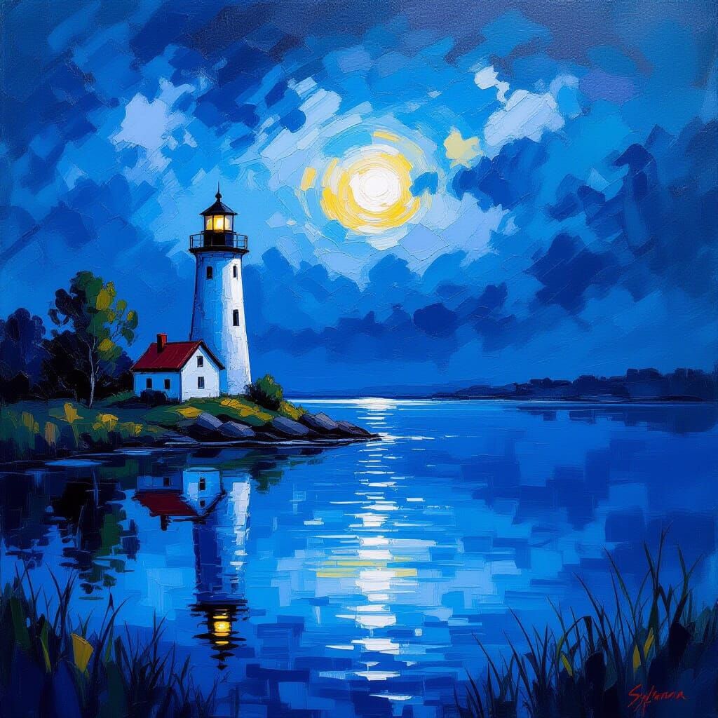 Stormy Lighthouse Reflected in Lake, Impasto Oil Painting