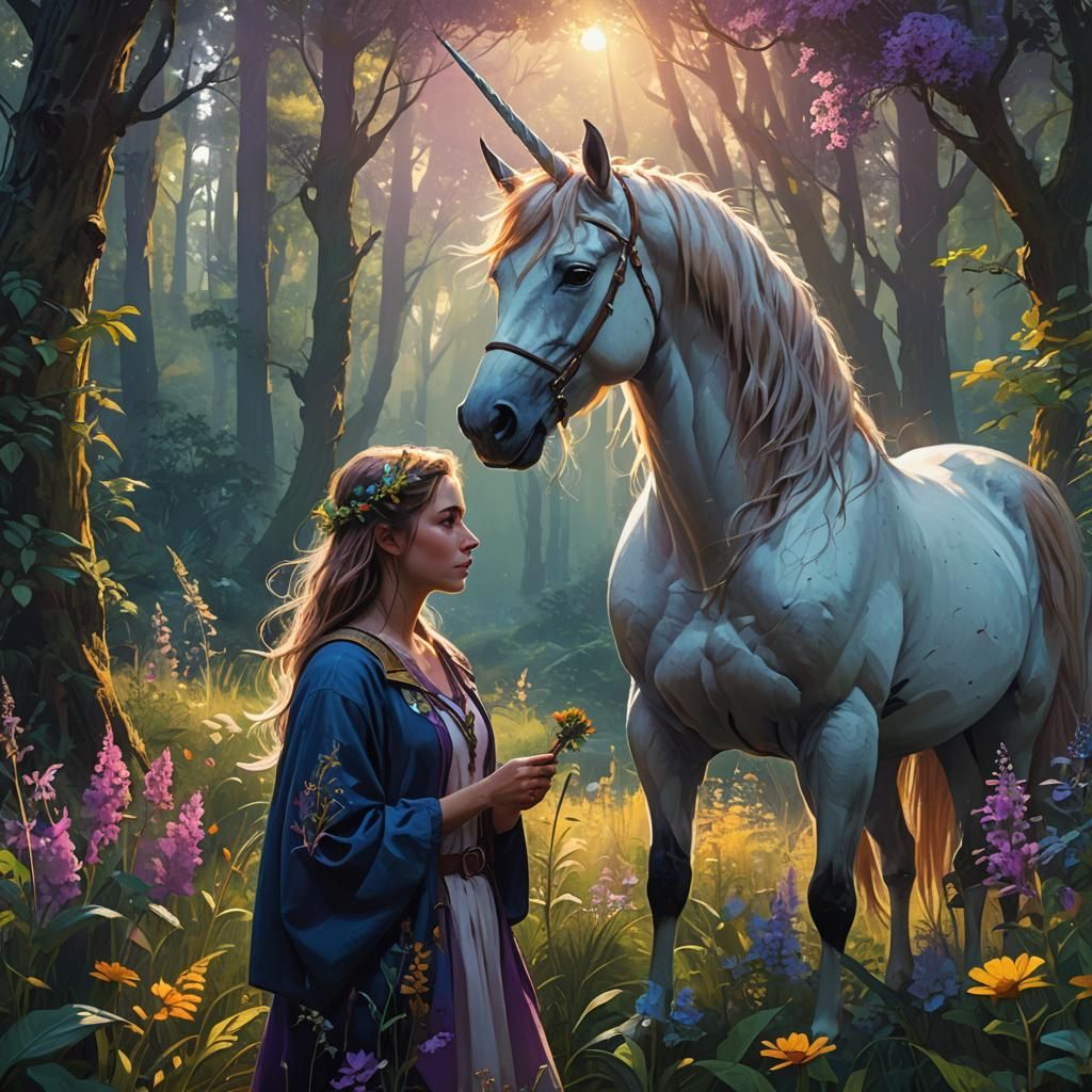 Unicorn and Lady in Mystical Forest, Fantasy Art