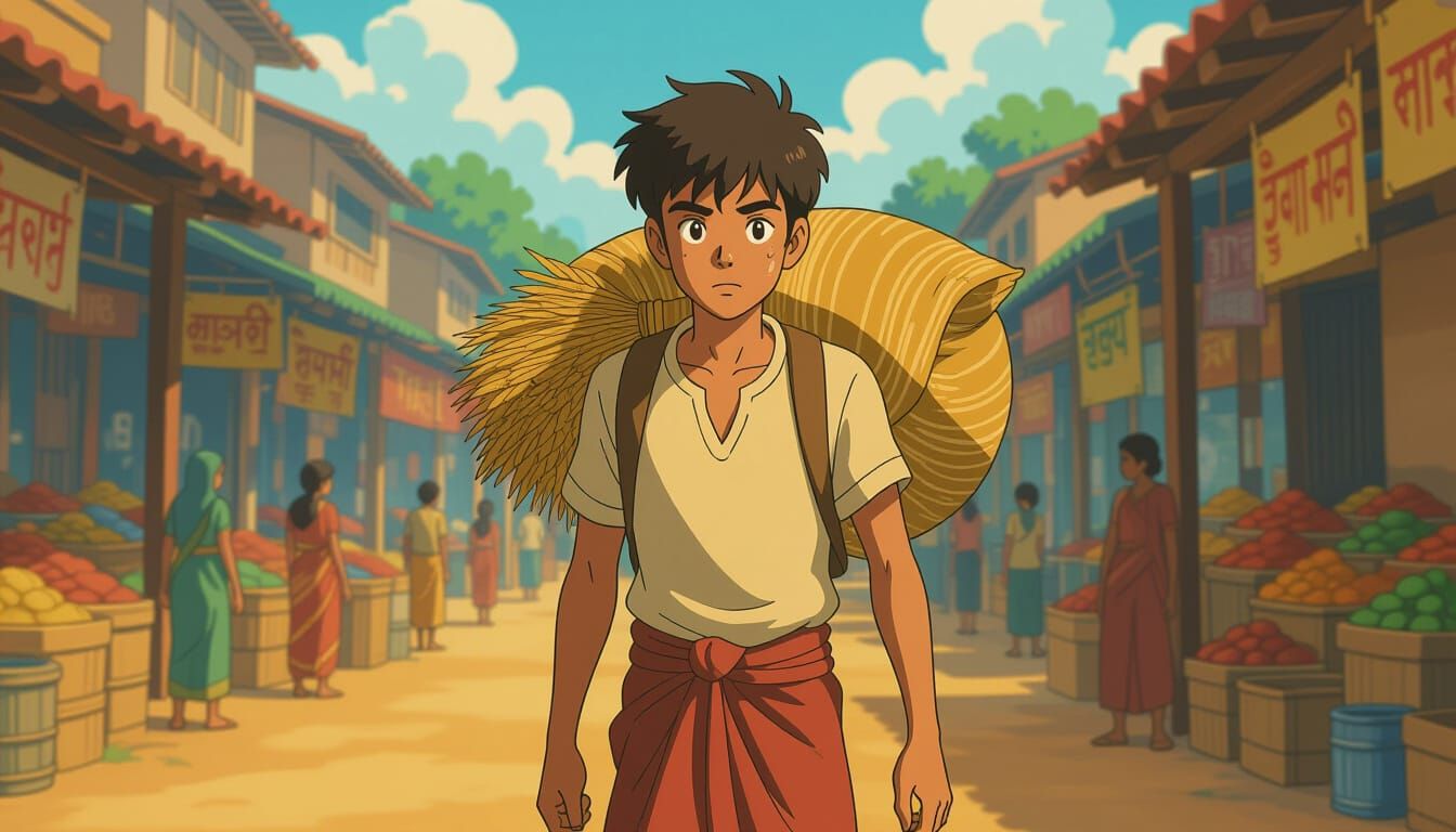 Determined Young Man Carries Grains Through Village Market