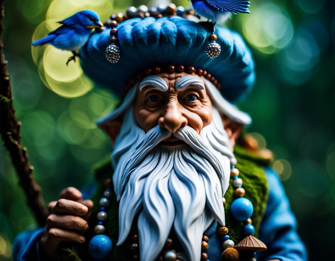 Gnome Shaman in Forest with Bird, Digital Painting
