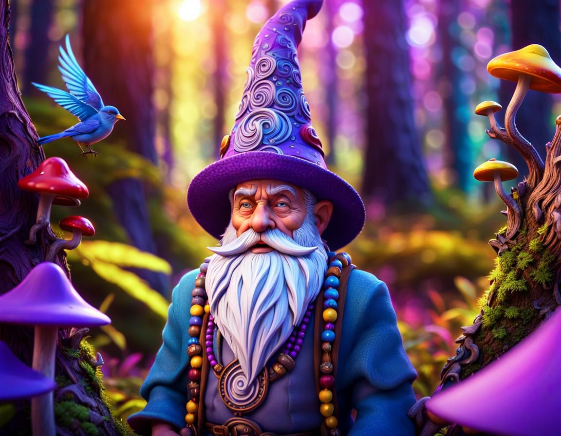 Gnome Shaman with Bird, 3D Fantasy Art