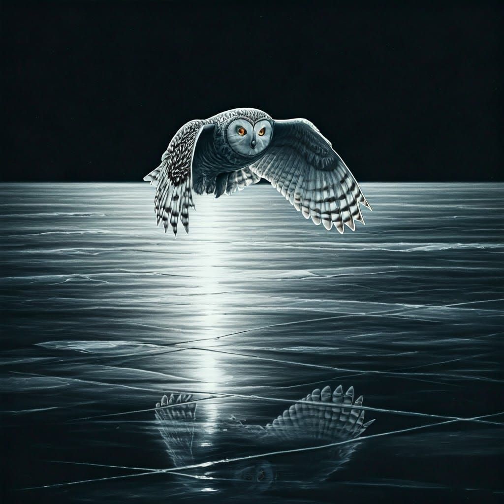 Hyperrealistic Ink Drawing of Owl Over Frozen Lake