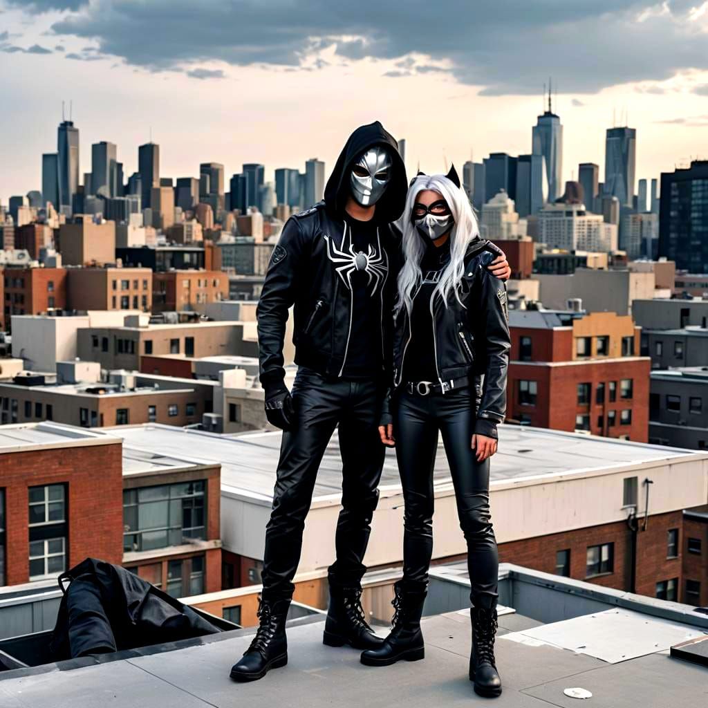 Teenage Spider Hero and Black Cat on Rooftop