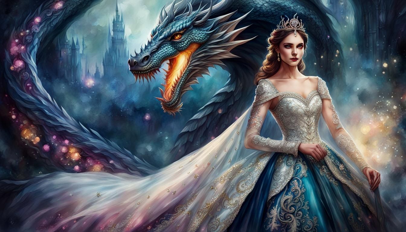 Princess and Dragon in Watercolour and Ink