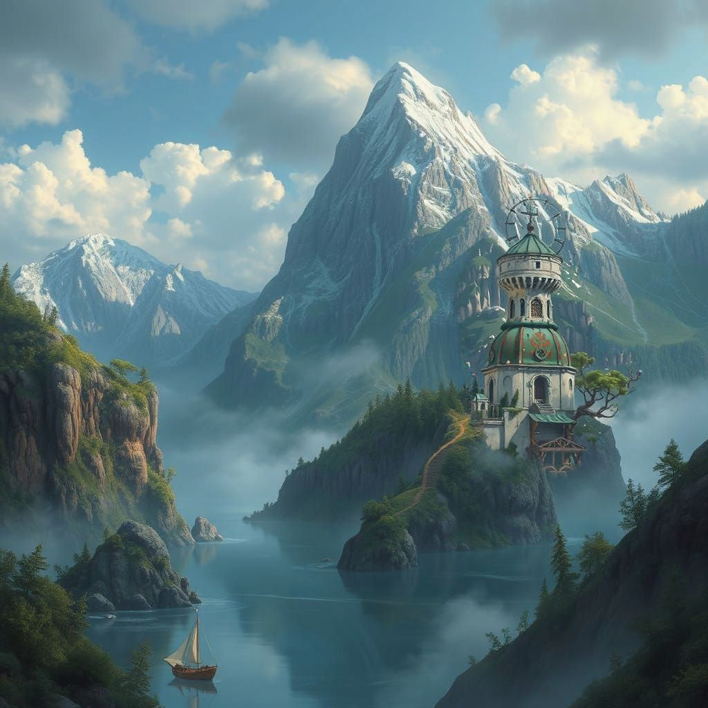 Ethereal Mountain Landscape with Pirate Ship and Caves