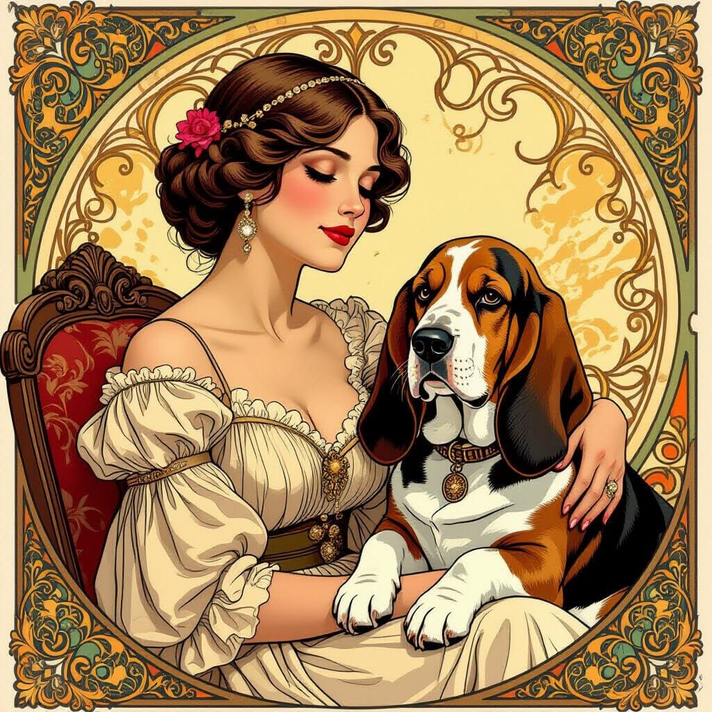 Elegant Woman with Basset Hound in Cozy Setting