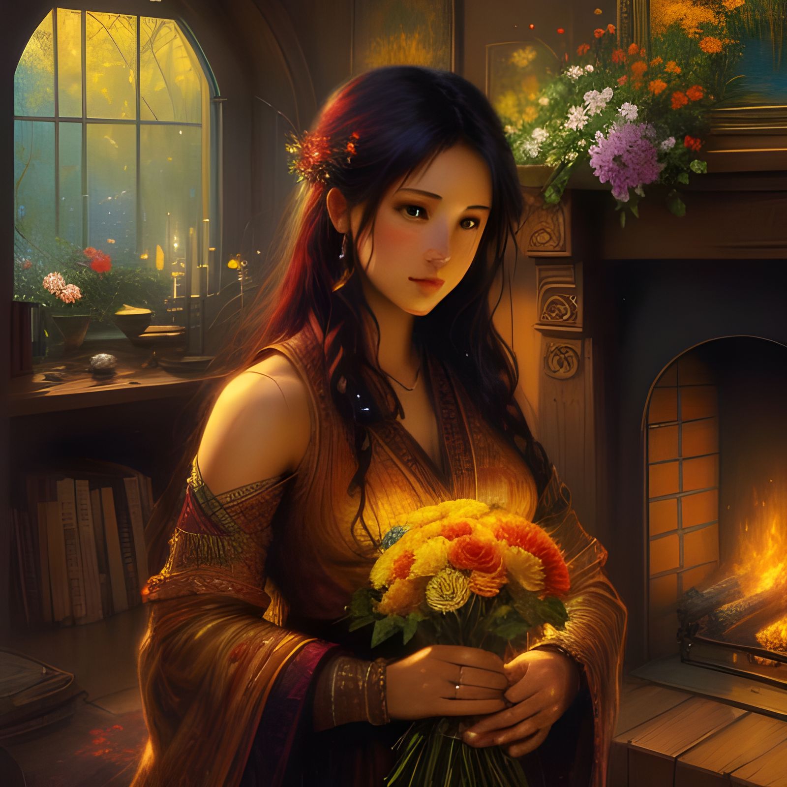 Romantic Fireplace Scene with Flowers in Volumetric Lighting