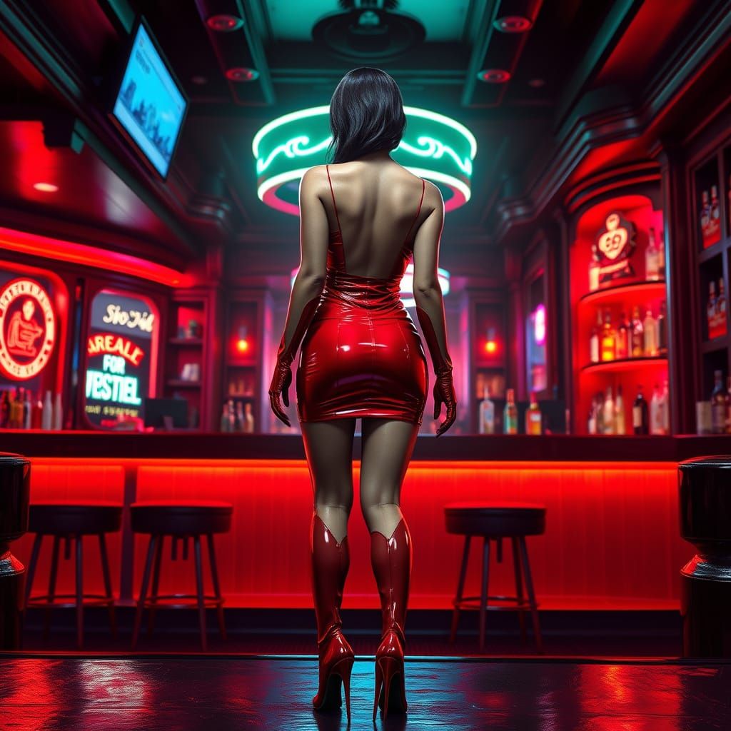 Sultry Brunette Siren in Red Latex Fantasy Attire