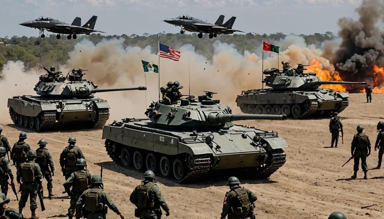 Guerra moderna entre bandera de México
con soldados tanques y aviones de última generación