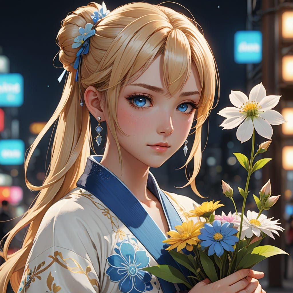 Anime Woman with Flower Bag in 3D Art