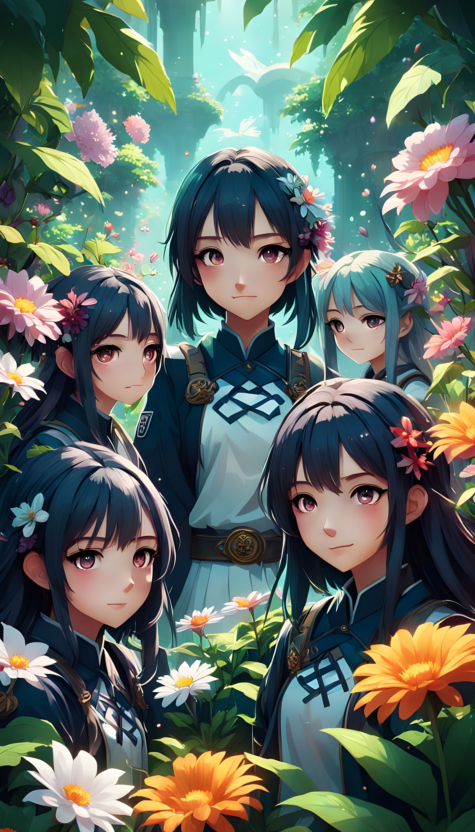 Adorable Anime Girls Ponder a Riddle in Whimsical Nature Set...