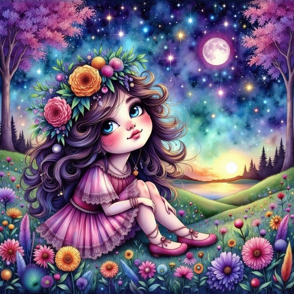 Girl in Flower Field Under Cosmic Sky