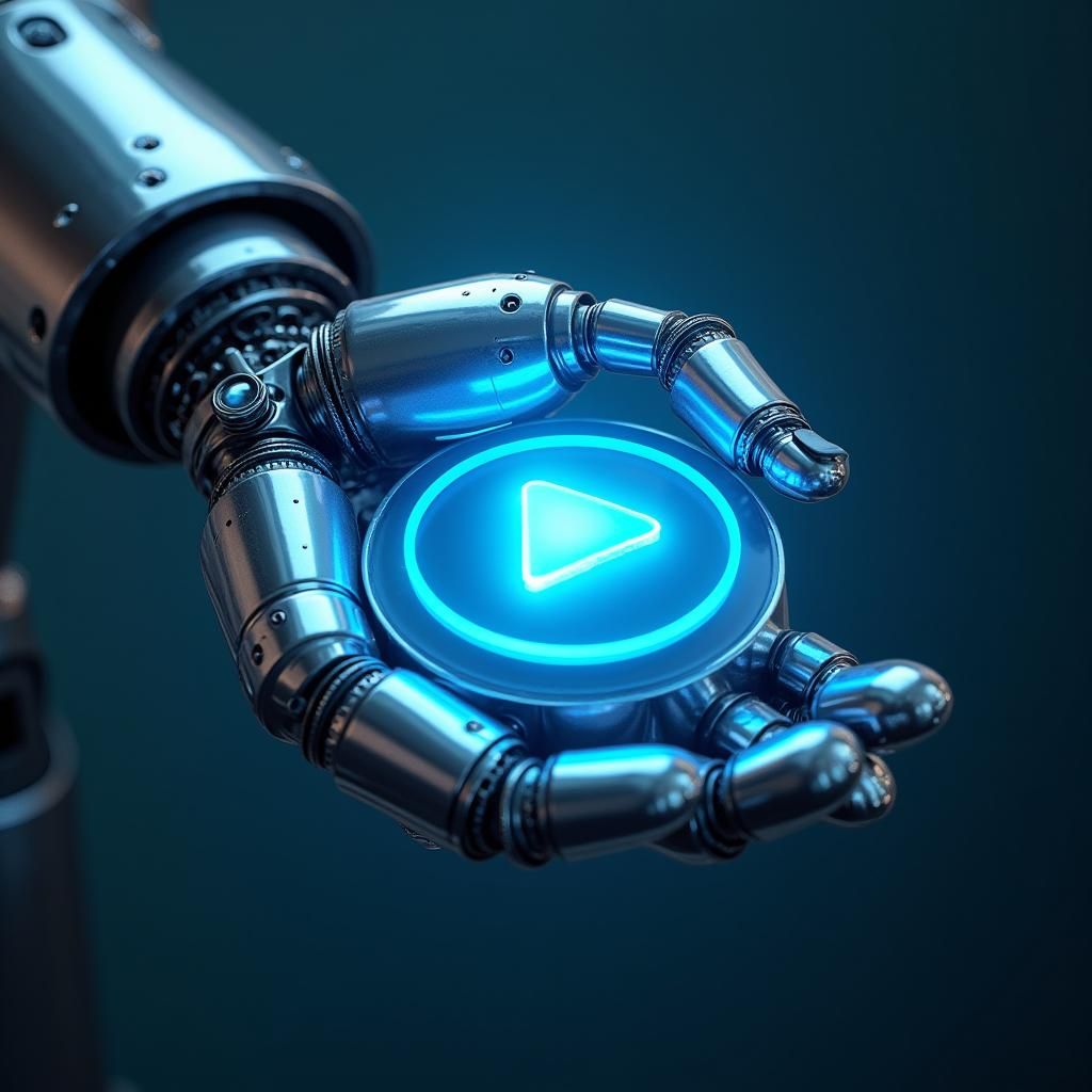 Futuristic Robot Hand Logo with Glowing Play Button
