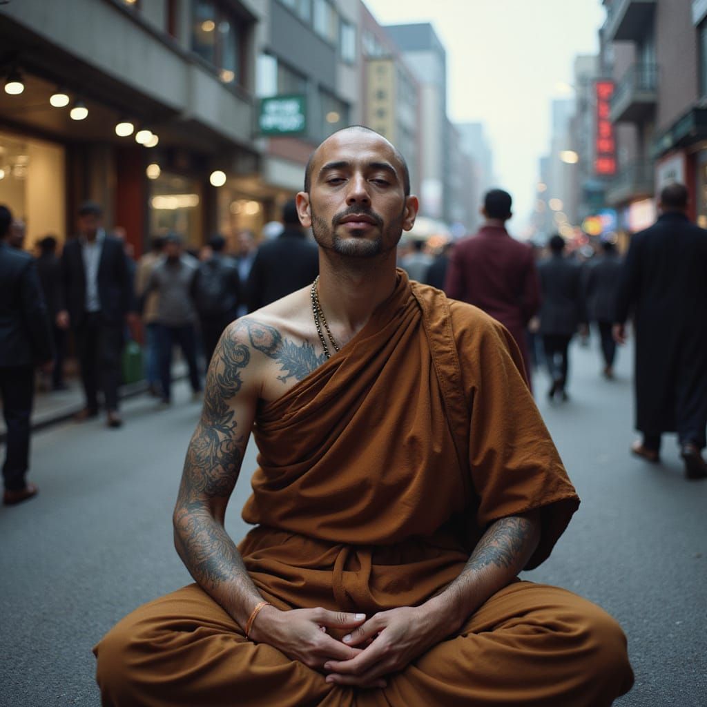 A tattooed monk meditating in the middle of a chaotic urban street, eyes closed, surrounded by blur-motion of crowds" – ...