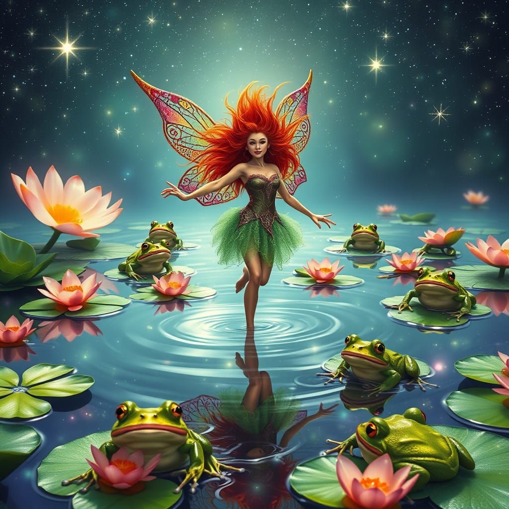 Mystical Faerie Dances Among Frogs in Cosmic Starlight