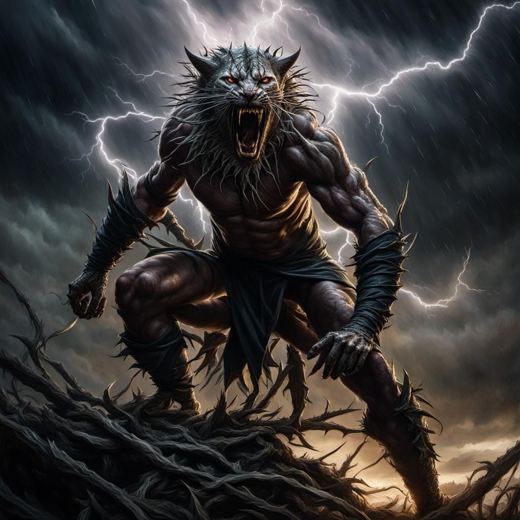 Furious Werecat Warrior in Dark Fantasy Style