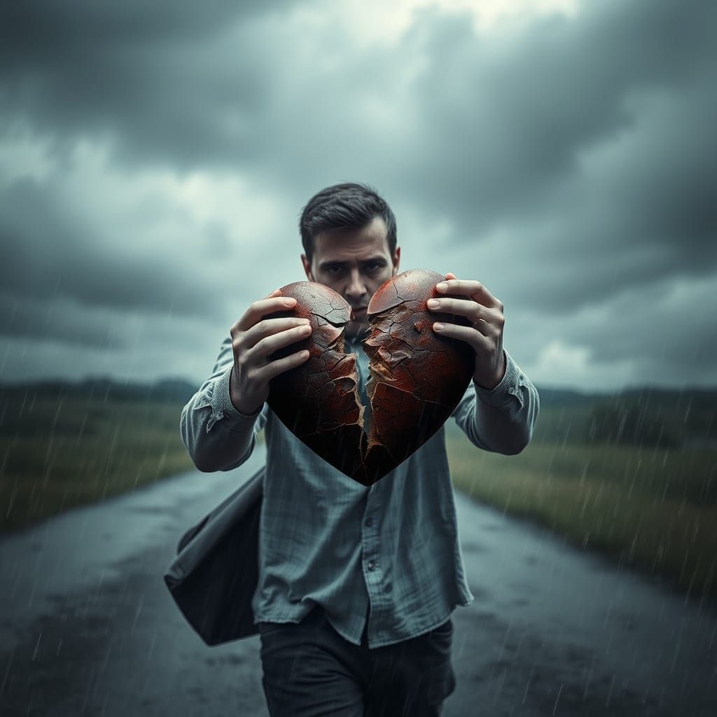 A man trying to keep the pieces of a tridimencional broken h...