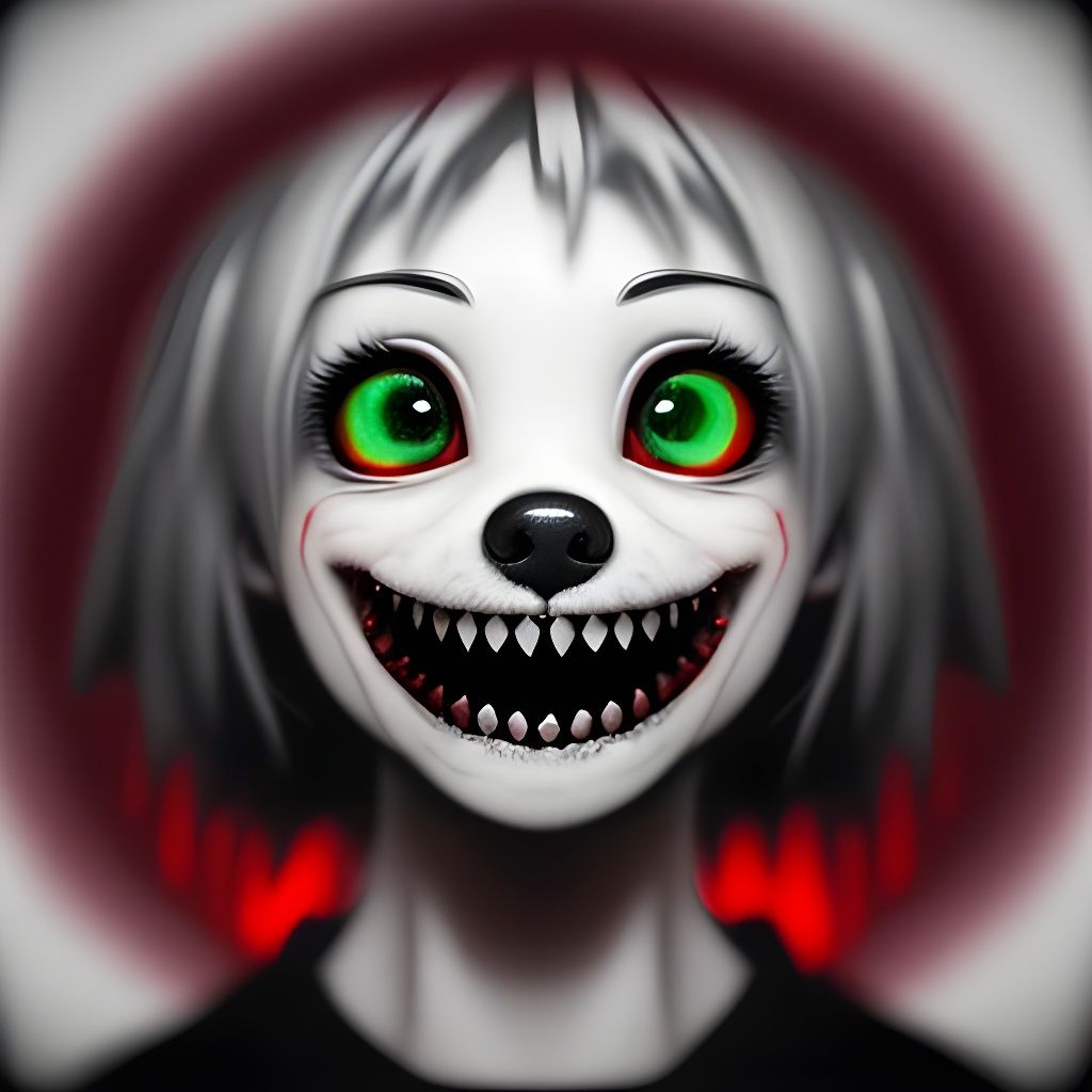 Creepy Smile Dog with Red Eyes in Fog