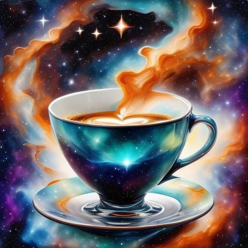 Cosmic Coffee Cup Under Stars: Double Exposure Art