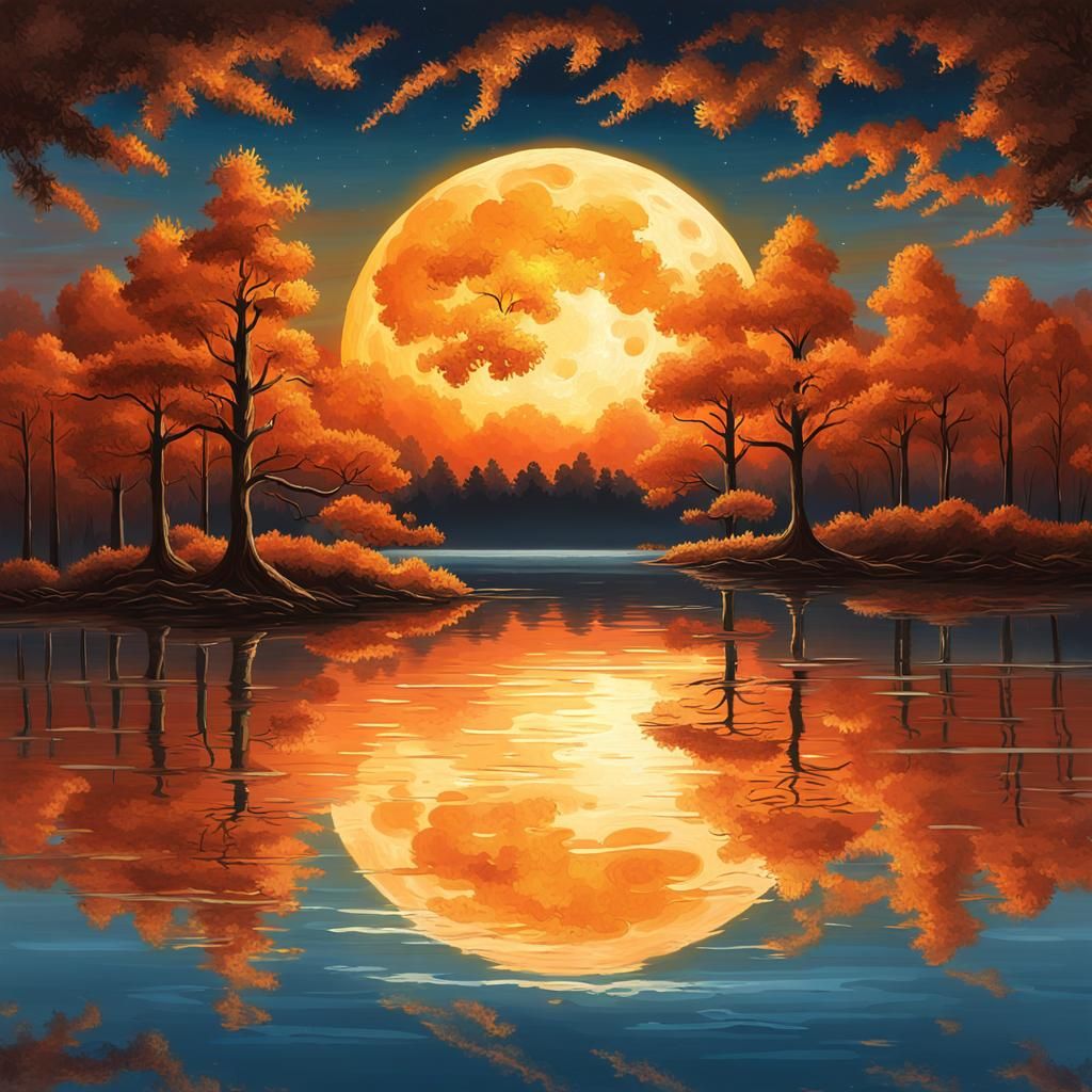 Harvest Moon Over Serene Lake: Oil Painting