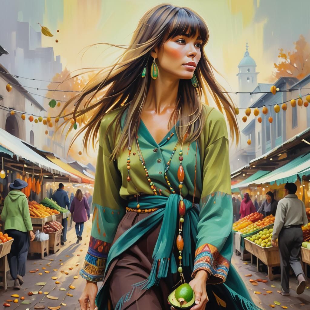 Autumn Market Scene: Woman in Oil Painting Style