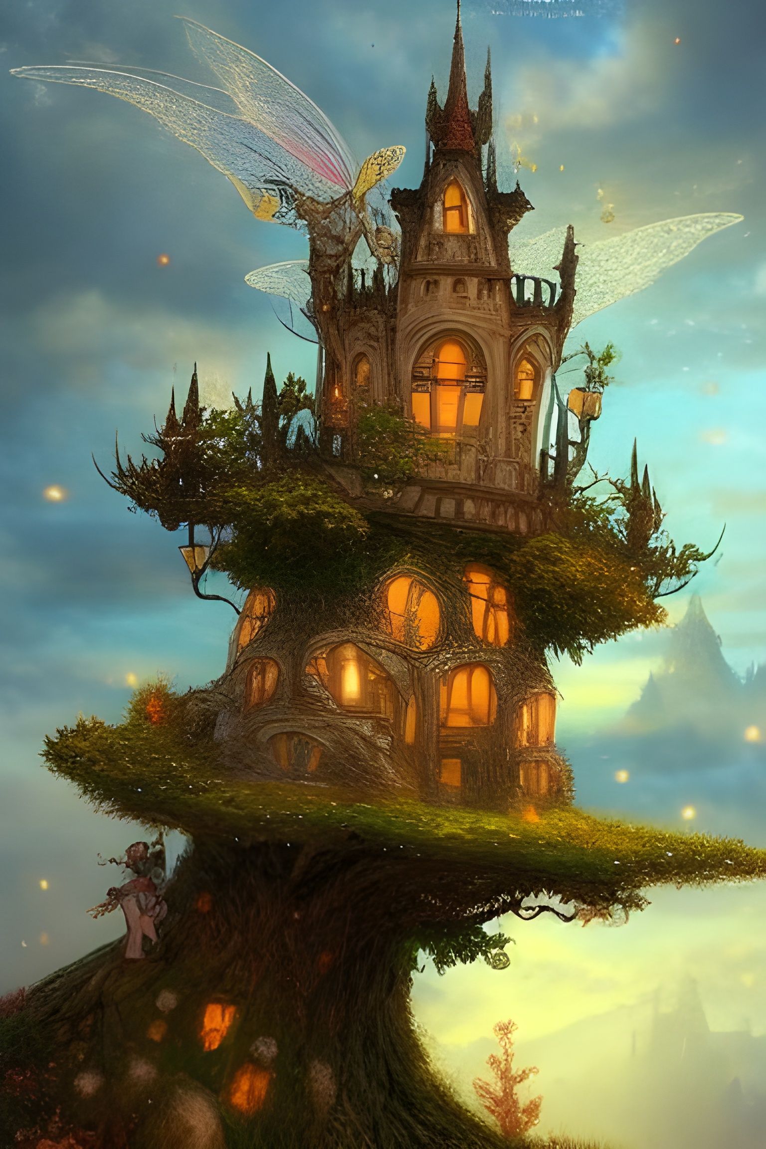 impossible huge fairy castle on top of a tree