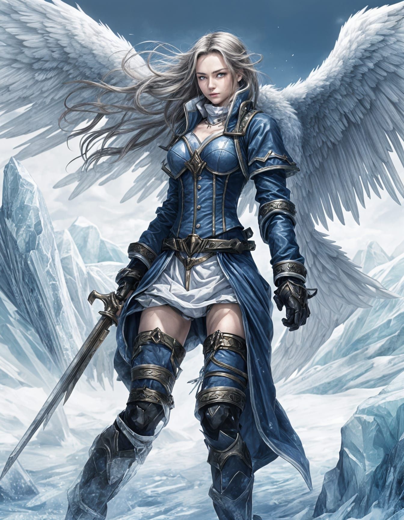 Tactics Ogre Reborn, Female Dark Blue Angel in a Battle Stance, Surrounded by Icy Winds