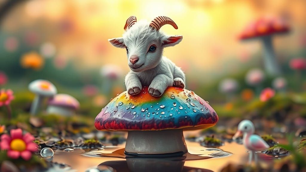 Whimsical Goat Sits on Rainbow Mushroom in Fantastical Wonde...