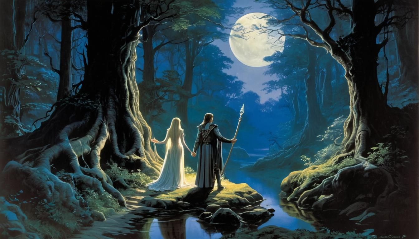 Elven Couple in Enchanted Forest Illustration