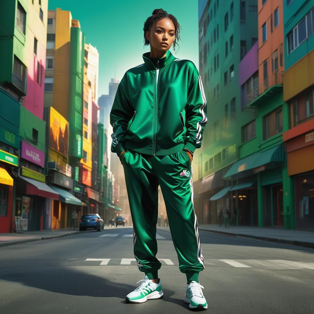 Green Tracksuit Model in Hyperrealistic Concept Art