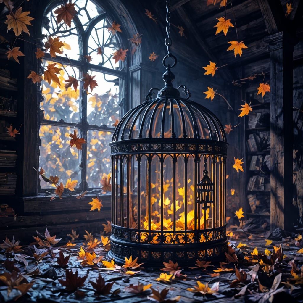 Sinister Halloween Birdcage in Autumn Cabin