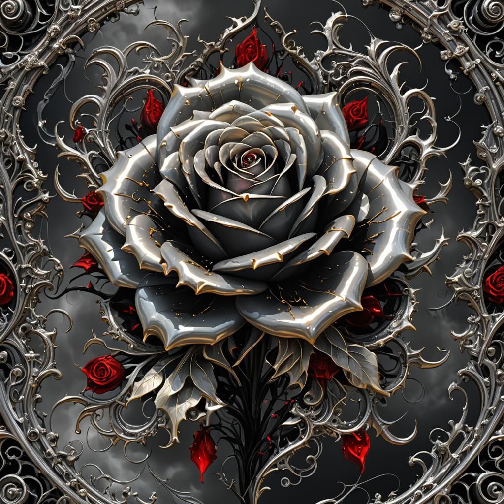 Iridescent Metal Rose with Dripping Blood in Steampunk Style