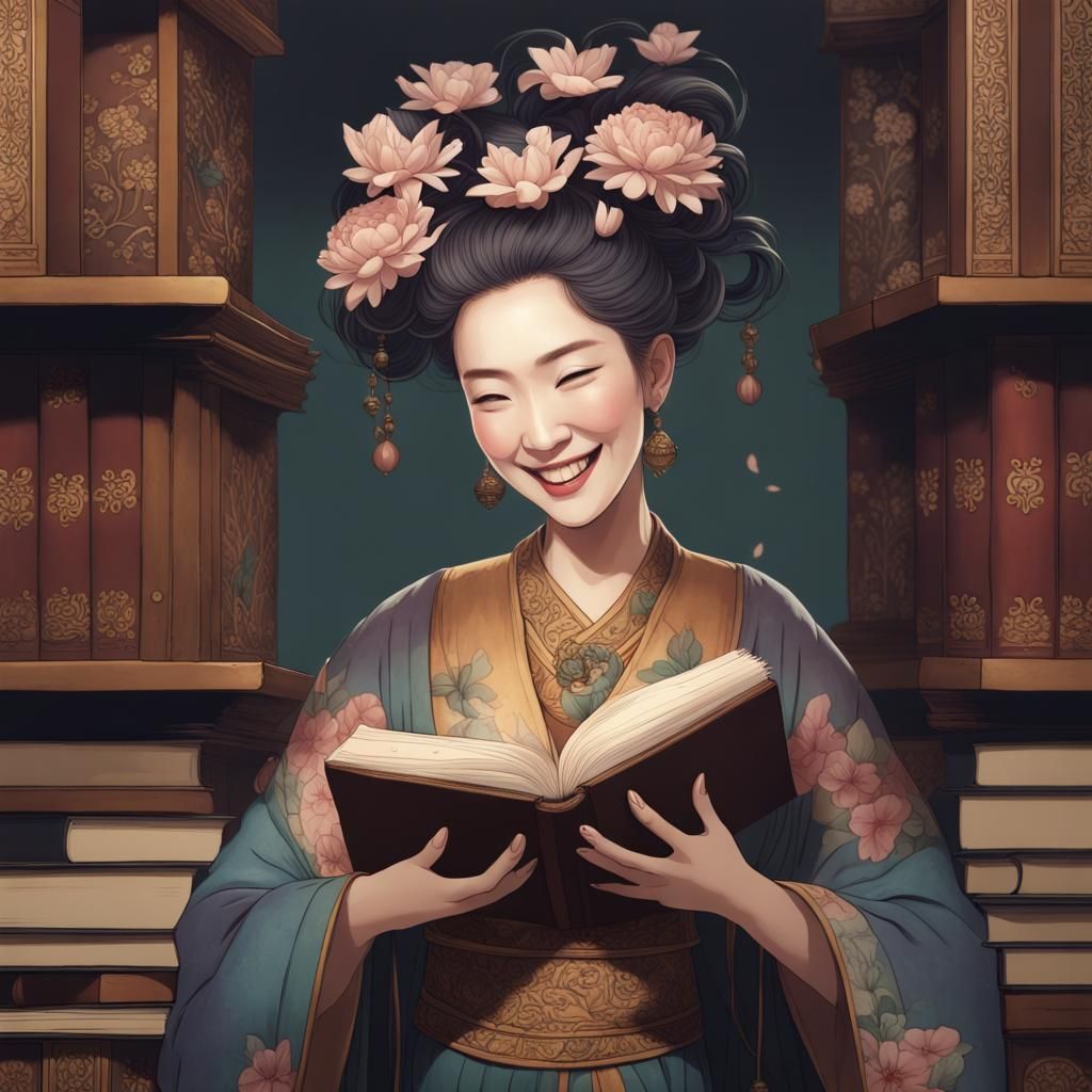 Laughing Woman with Books: 8th Century Art